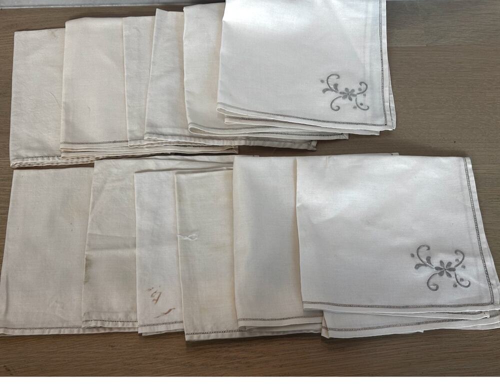 Set 12 Vintage Linen Napkins Gray Embroidered Corner Hemstitched 16" X 16"